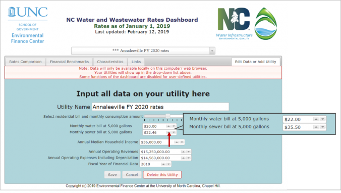 screenshot of nc water and wastewater rates dashboard